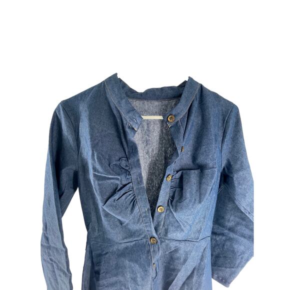 Blue Chambray Denim Long Sleeve Half Button Popover A-Line Mini Dress Women's - Picture 2 of 6